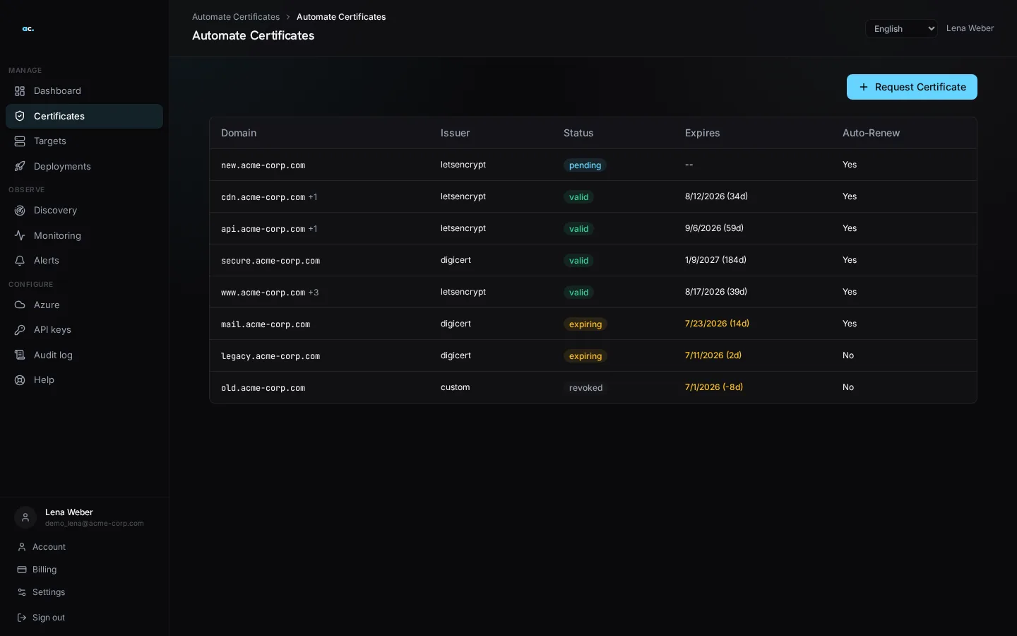 Automate Certificates certificates screen
