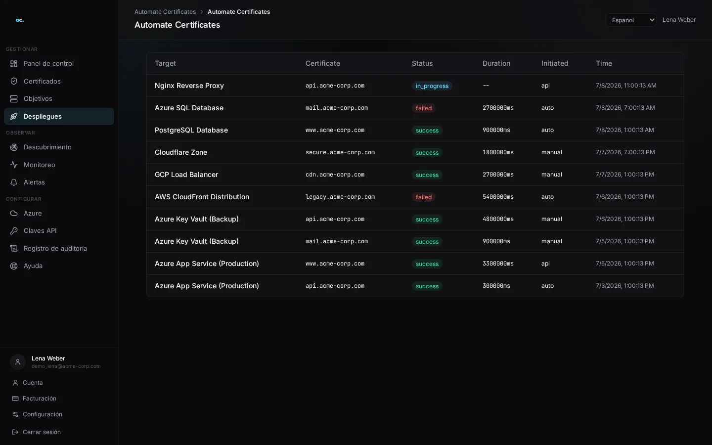 Pantalla de implementaciones de Automate Certificates
