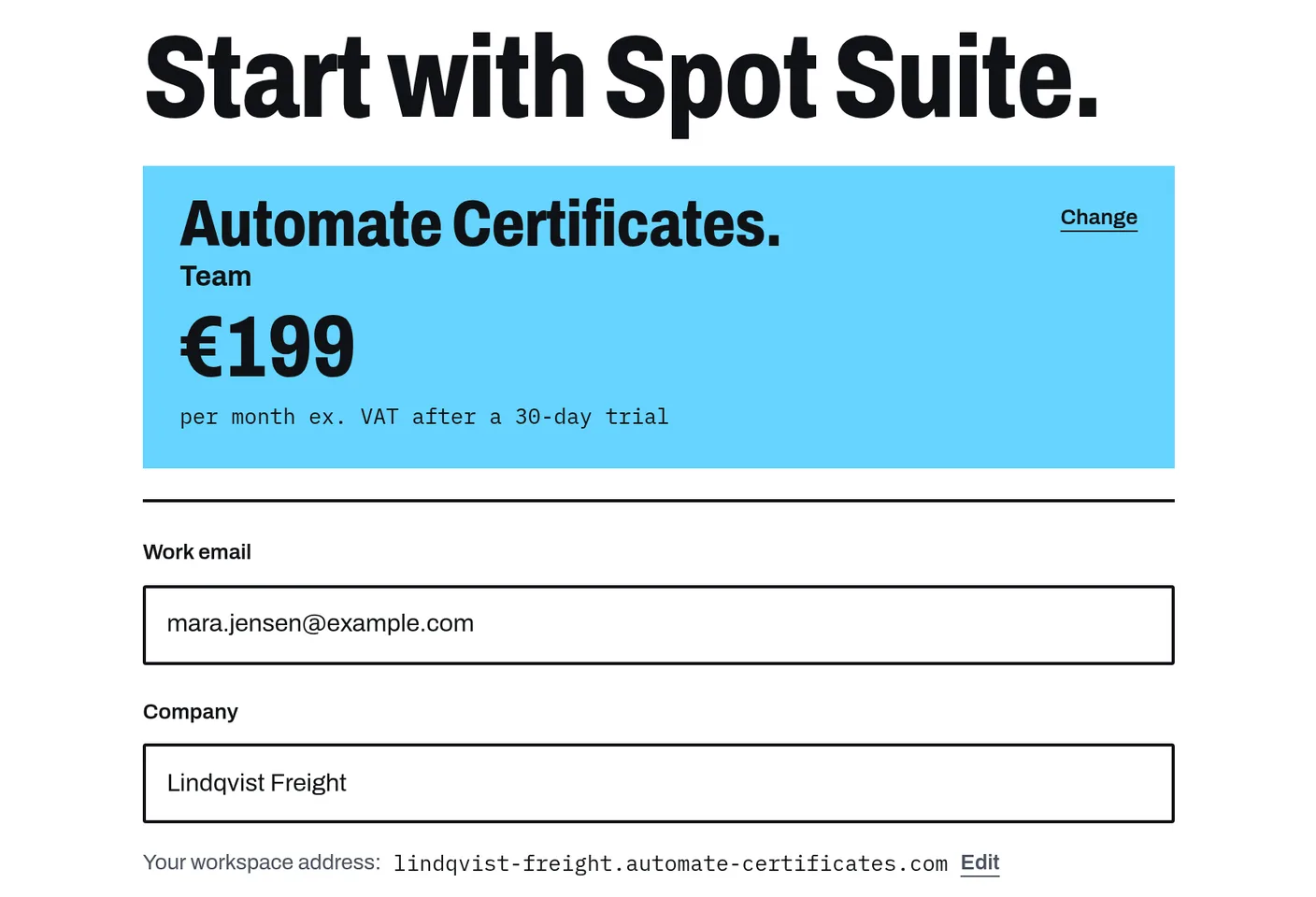 Spot Suite buy page for Automate Certificates on the Team plan, with a work email and company filled in