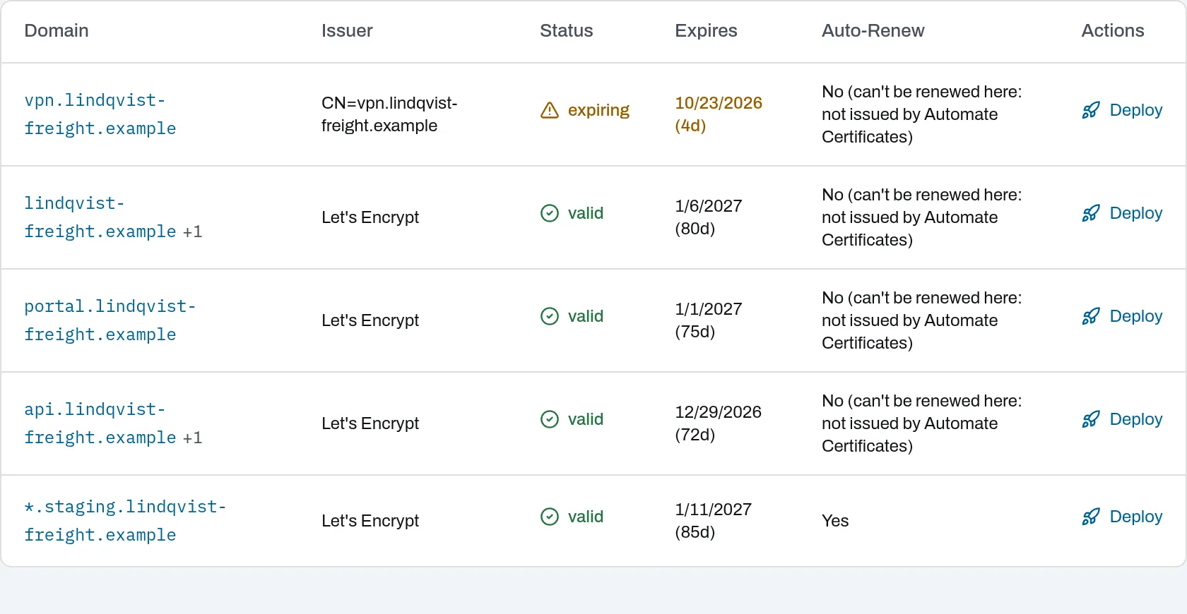 Certificate vpn.lindqvist-freight.example marked expiring, with its issuer and expiry date