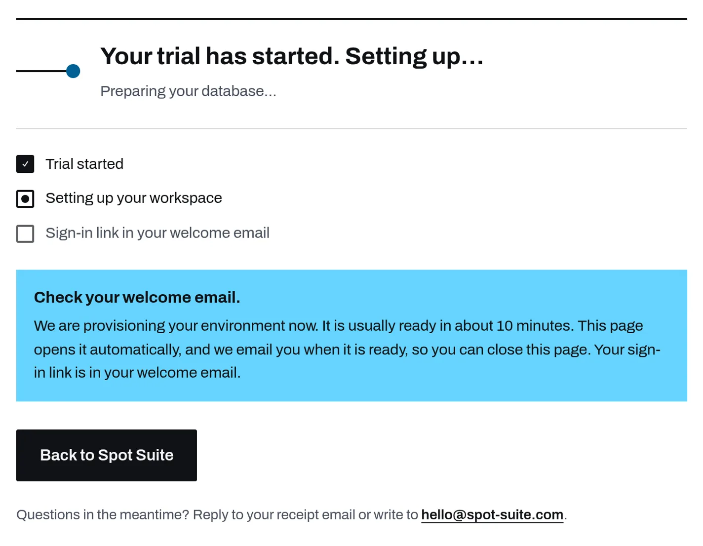 Setup page after checkout: trial started, dedicated environment being provisioned